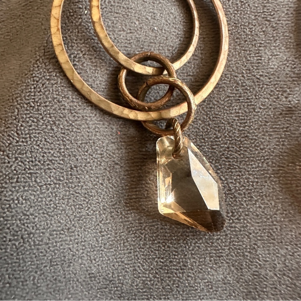 Boho Hammered Brass Hoop Earrings w/ Crystal Drop Dangle Artisan Chic 3” - Picture 6 of 7
